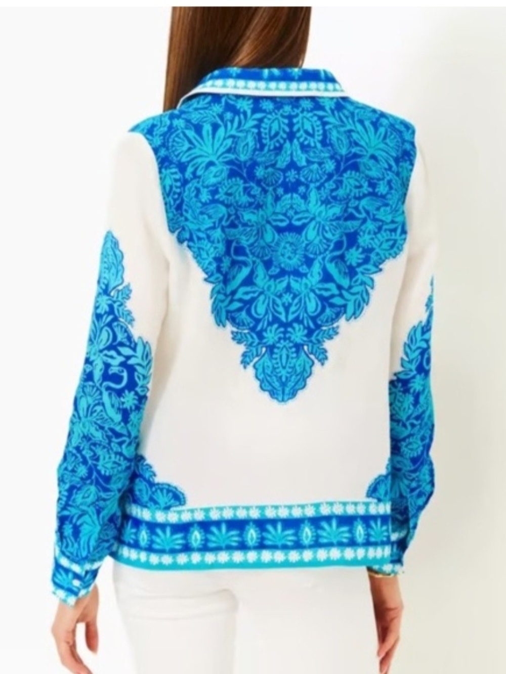 Lilly Pulitzer White Button-Down Shirt with Bright Blue Floral Print - Picture 3 of 7